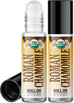 Organic Roman Chamomile Roll On Essential Oil Rollerball (2 Pack - USDA Certified Organic) Pre-diluted with Glass Roller Ball for Aromatherapy, Kids, Children, Adults Topical Skin Application - 10ml