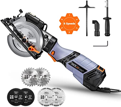 Circular Saw, TACKLIFE Premium Mini Circular Saw with 6 Variable Speed, 6 Blades(5" & 4-1/2"), Unique Metal Handle, 6.2A Pure Copper Motor, Laser Guide, 10Feet Cord- TCS115E