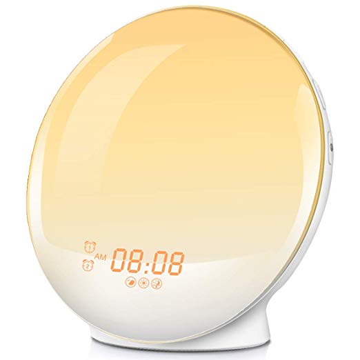 HOKEKI Wake Up Light Alarm Clock, 7 Colored Sunrise Sunset Simulation Night Lamp, 7 Nature Sounds, 4 Alarm Modes 5 Times Snooze Function, FM Radio and USB Charger