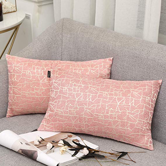 Redland Art Throw Pillow Covers Cotton Linen Embroidery Stripe Sofa Decorative Cushion Pillow Cases for Home Decor 2-Pack, 12 X 20 Inch (Pink)
