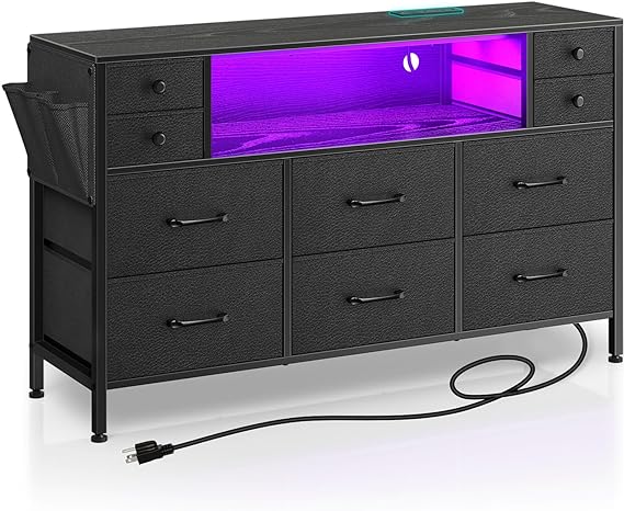 Rolanstar Dresser with Power Outlets and LED Lights, 10 Small Drawers Dresser with Side Pocket, Fabric Chest of Drawers with PU Finish, Dresser with Sturdy Frame, Wood Top for 55inch TV, Black