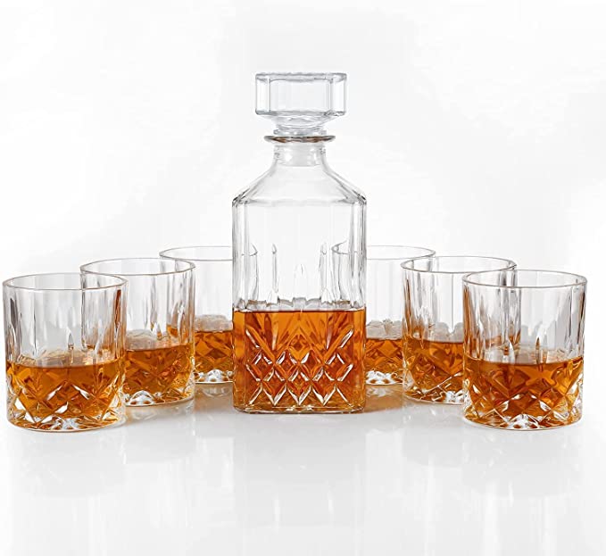 Whiskey Decanter and 6 Whisky Glasses Set in Gift Box - Original Crystal Liquor Decanter Set for Bourbon, Scotch, Vodka