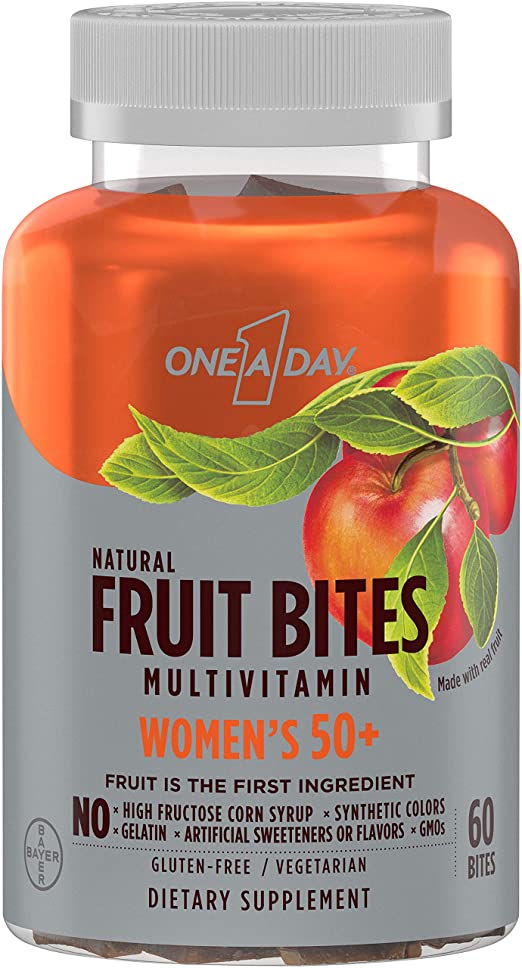 One A Day Women’s 50  Natural Fruit Bites Multivitamin with Immune Health Support*, 60 Count (1 Month Supply), Gluten Free Vitamins with Vitamin A, Vitamin D, Vitamin E, B6, B12, Biotin & More