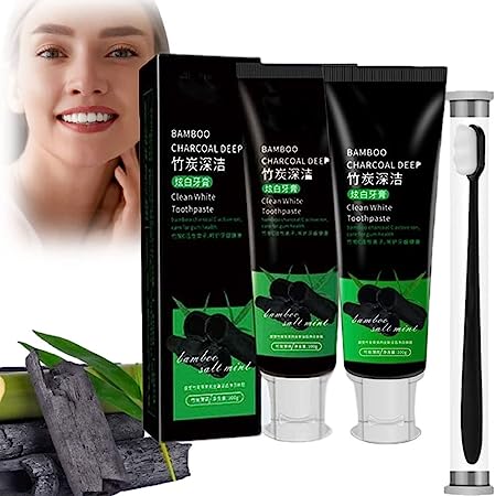 Yanjiayi Bamboo Charcoal Toothpaste, Yanjiayi Clean White Toothpaste，Activated Bamboo Charcoal Deep Stain Removal Refreshing Halitosis Removal Toothpaste with Toothbrush（2PCS）