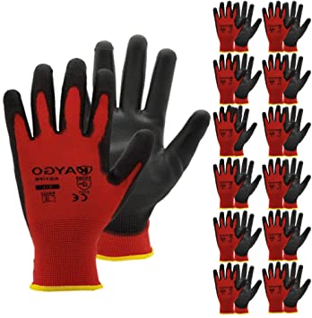 Safety Work Gloves PU Coated-12 Pairs,KAYGO KG11PB, Seamless Knit Glove with Polyurethane Coated Smooth Grip on Palm & Fingers, for Men and Women, Ideal for General Duty Work (Medium, Red)