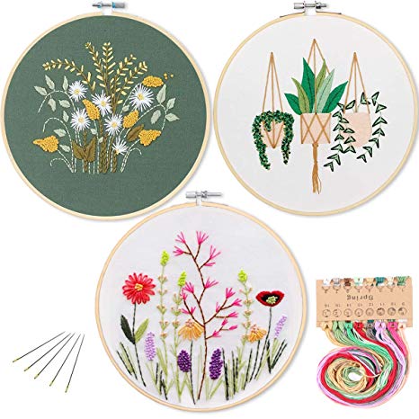 3 Pack Embroidery Starter Kit with Pattern,Kissbuty Full Range of Stamped Embroidery Kits with 3 Pcs Embroidery Cloth with Pattern,1 Pc Bamboo Embroidery Hoop,Color Threads Tools Kit (Plants Flowers)