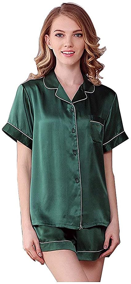 NANJUN Women's Satin Pajamas Sleepwear Long and Short Button-Down Pj Set