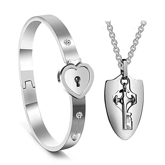 AOLVO His and Hers Matching Set, Titanium Key Pendants Necklace Heart Bangle Bracelet Prevent Allergy&Fade Couples Lock Jewelry Sets