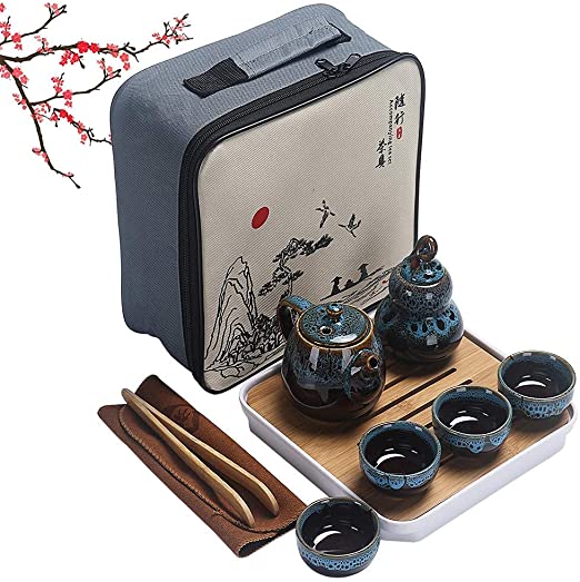 Chinese Ceramic Kungfu Tea Set,Portable Travel Tea Sets with Teapot,Teacups,Tea Canister,Tea Tray and Travel Bag,Suitable for Travel, Home,Outdoor and Office