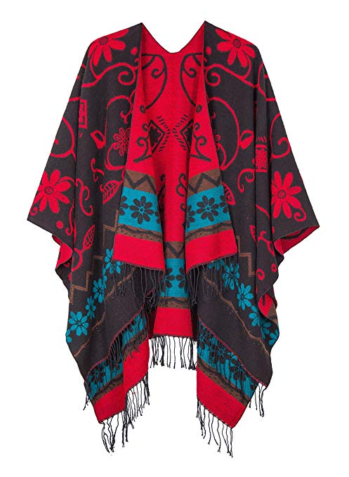 Women's Fashionable Retro Style Vintage Pattern Tassel Poncho Shawl Cape