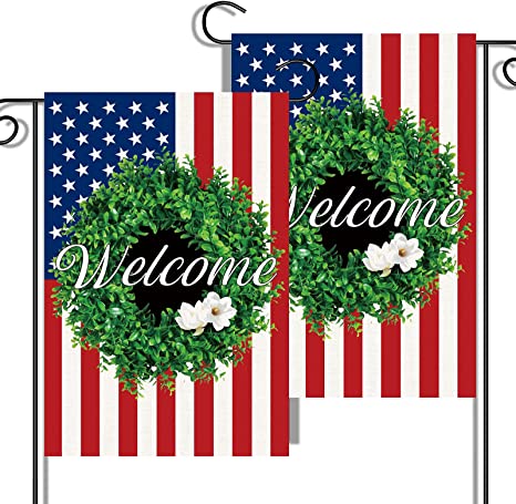 2 Pack American Flag Garden Flags Welcome Wreath Patriotic Garden Flags, Double-Sided Vibrant Full Color 12” x 18” Burlap flag, Indoor/Outdoor Greeting Banner Memorial Day 4th Of July Yard Sign