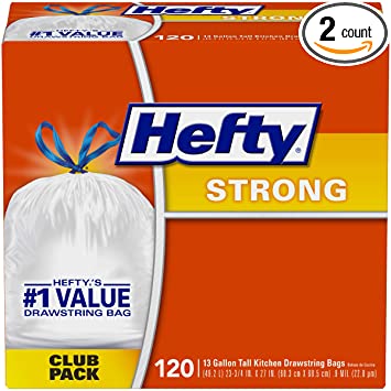 Hefty Strong Trash/Garbage Bags, Kitchen Drawstring, 13 Gallon