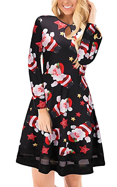 Angashion Womens Long Sleeve Christmas Santa Claus Print A Line Flared Skater Dress