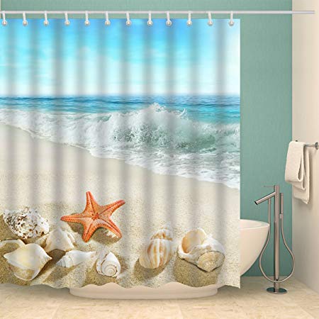 OMIWO Mildew Resistant Digital Printed Fabric Shower Curtain 72”x72” Waterproof and Mold Proof Shower Curtain Digital Printed Sea and Anchor (C0438)