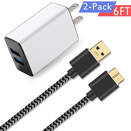 For Samsung Galaxy S5 /Note 3 Charger Cable 6ft Braided Cord with Dual USB Wall Charger Plug 2.1A/5V Fast Charging Speed (2in1 Pack)