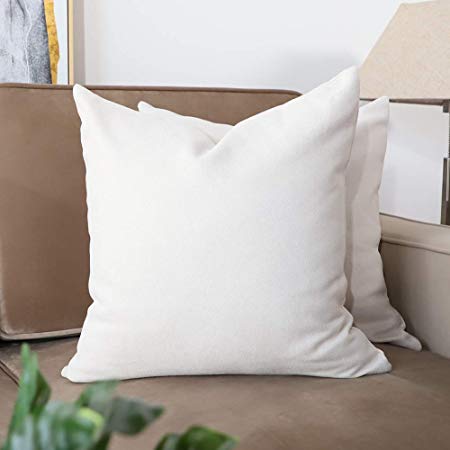 Mandioo Set of 2 Soft Comfy Chenille Throw Pillow Covers Cases Decorative for Couch Sofa Home Solid Square 18 x 18 Inches Ivory