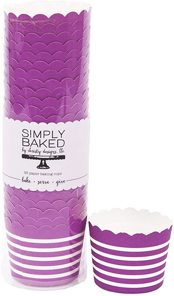Simply Baked Small Paper Baking Cup, Orchid with White Stripe, 25-Pack, Disposable and Oven-safe