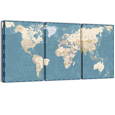 Visual Art Decor 3 Pieces XLarge Blue Retro World Map Canvas Prints Atlas Framed and Stretched Map Wall Art Decor for Travel Pin Marks Map Pictures Office Living Room Decoration (32"x60")