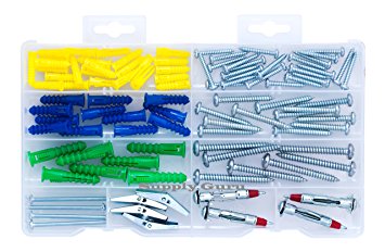 Screw and Drywall Anchor Assortment Kit, Phillips or Slotted Pan Head Screws, Toggle Bolt Wings, Hollow Wall Anchor, Picture Hangers, High Value (100-Pack).