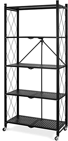 5-Tier Foldable Storage Shelves, Wide Folding Metal Shelf with Caster Wheels for Garage Kitchen Home Closet Office, No Assemble Needed - Black