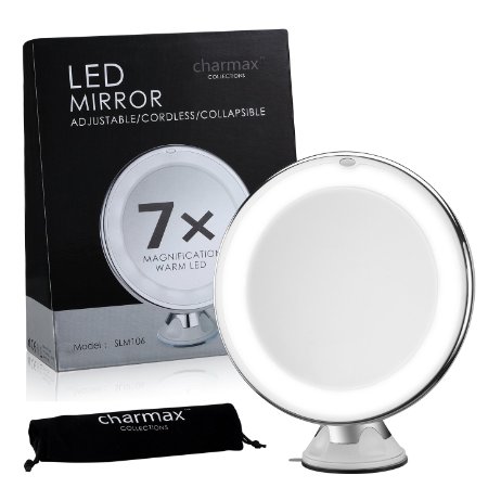 Charmax 7x Magnifying Lighted Makeup Mirror With Bag, Natural LED Light Bathroom Vanity Mirror, Cordless Travel Mirror, Chrome