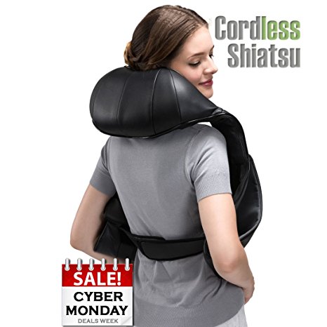 Cordless 12 nodes Shiatsu Massager with Extra Long Straps and Velcro. Neck Massager / Shoulder Massager / Back Massager / Foot Massager. Pain Relief Muscles Kneading Massager with Heat. Gift for her
