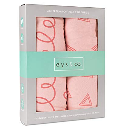 Pack n Play Playard Sheets, Mini Crib Sheet for Baby Girl 100% Jersey Cotton - Pink Squiggles and Triangles by Ely's & Co.