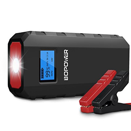 Globmall 500A Peak 13600mAh Portable Car Jump Starter, Bopower Battery Booster Phone Power Bank with Charging Port, Compass, LCD Screen and LED Light, up to 4.2L Gas and 3.0L Diesel Engine - Black/Red