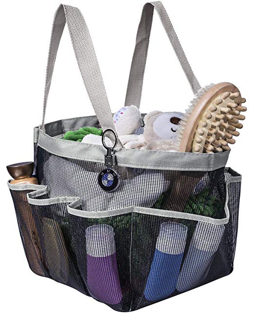 Attmu Portable Shower Caddy with 8 Mesh Storage Pockets, Quick Dry Shower Tote Bag Oxford Hanging Toiletry and Bath Organizer for Shampoo, Conditioner, Soap and Other Bathroom Accessories, Grey