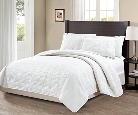 Mk Collection King/California king over size 118"x106" 3 pc Geo Bedspread Bed-cover Quilted Embroidery solid White New