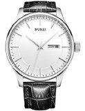 BUREI Mens SM-13001-P01AY Day and Date Black Calfskin Leather Watch with White Dial