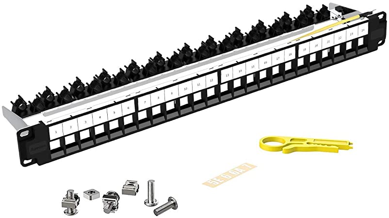 AMPCOM 24 Ports 1U Blank Keystone Patch Panel, 19 inch Rack or Wall Mount with Rear Cable Management Panel for Ethernet CAT5e/CAT6/CAT7, USB, HDMI