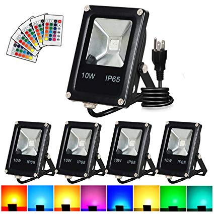 T-SUN Led Flood Light,10W RGB Color Changing Waterproof Security Lights, with US Plug, Super Bright Remote Control Outdoor Spotlight, for Garden, Yard, Warehouse Sidewalk,Backyard, Garage (5 pack)