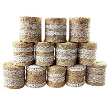 12PCS Natural Burlap Ribbon Roll White Lace Jute Trims Tape for Wedding Decoration 25Yards/900 Inch by CSPRING