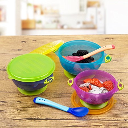 Coju-Gear Best Spill Proof Suction Bowls - FDA approved and BPA Free, 2 Free Spoons and 3 Different Size Bowls With Seal Easy Lids, Perfect For Storage and Easy to Go Snack Bowl