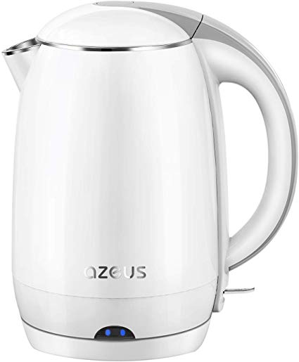 AZEUS 1.9 Qt Double Wall Electric Kettle(BPA Free), 304 Stainless Steel Water Boiler, 1500W Fast Boiling Cordless Coffee Pot & Tea Kettle, Auto Shut-Off and Boil-Dry Protection, White
