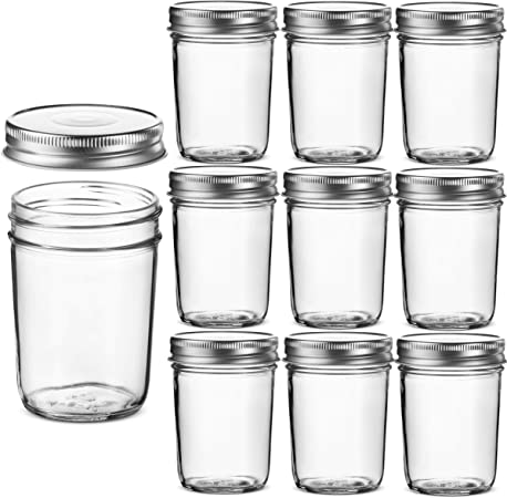 Glass Regular Mouth Mason Jars, 8 Ounce Glass Jars with Silver Metal Airtight Lids for Meal Prep, Food Storage, Canning, Drinking, for Overnight Oats, Jelly, Dry Food, Spices, Salads, Yogurt (10 Pack)