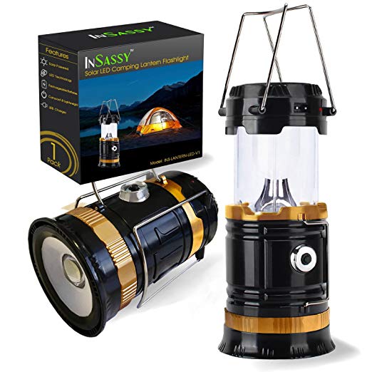 Solar LED Camping Gear Lantern Flashlight by InSassy - Collapsible Lamp Light with Handle Great for Tent Lighting, Long Hikes, Attic, Garage, Emergencies and Outages