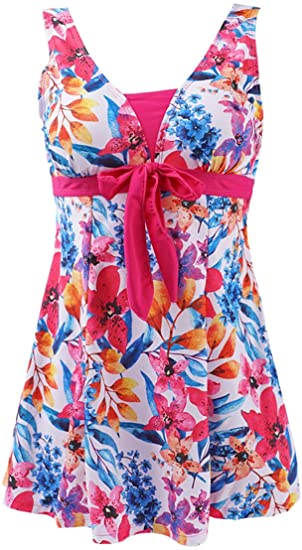 MiYang Women's Plus Size Swimdress Bowknot Floral High Waist One Piece Swimsuit