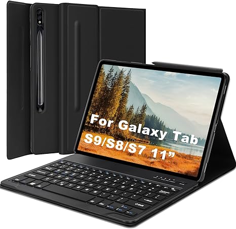 Samsung Galaxy Tab S9 2023/S8 2022/S7 2020 11 inch Keyboard Case, Protective Folio Stand Cover with S Pen Holder, Slim Smart Case with Multi-use Bluetooth Keyboard for Galaxy 11” Tablet - Black
