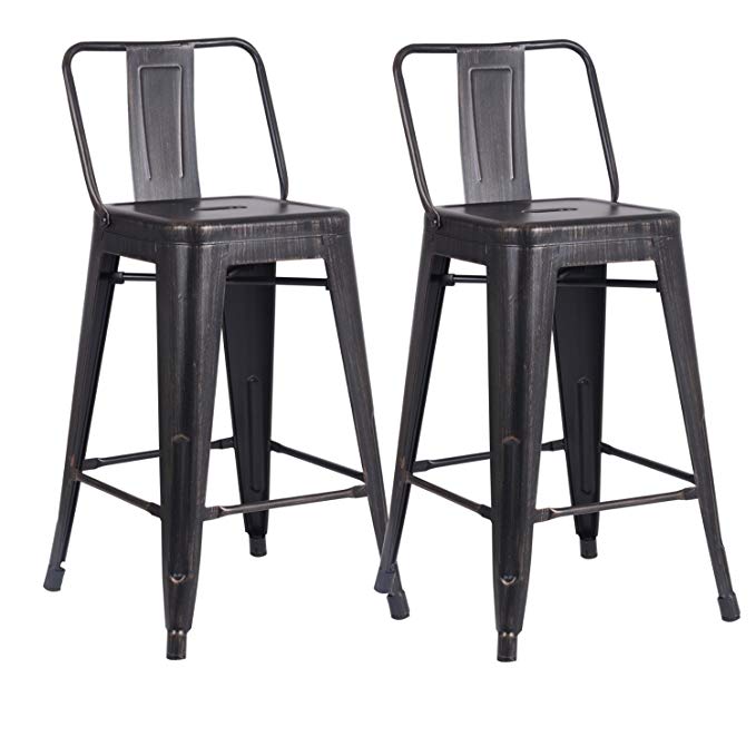 AC Pacific Modern Industrial Metal Barstool with Bucket Back and 4 Leg Design, 24" Seat Bar Stools (Set of 2), Distressed Black Finish