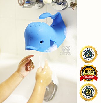 MiniOwls BATHTUB SPOUT COVER - SAFETY GUARD, Blue Whale that Fits Most of the Faucet - 3% is donated to Autism Foundation.