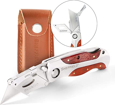 Sheffield 12818 Ultimate Lock Back Utility Knife with Leather Sheath,  Folding, Box Cutter Knife, Carpet Knife, Drywall Cutter, and More,  Quick-Change Blade, Aluminum & Wood Handle - Utility Knives 