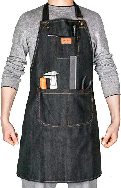 QWORK Heavy Duty Denim Work Apron With Pockets, Adjustable Jean Tool Apron for Men and Women