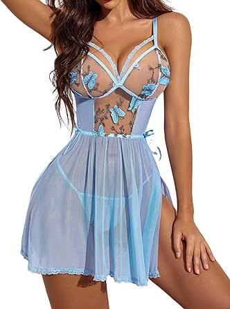 Avidlove Women's Lingerie Lace Chemise Floral Embroidery Mesh Babydoll Side Slit Sleepwear