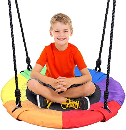 Odoland 24 inch Children Tree Swing SwingSeat, Outdoor Saucer Rope Swing Platform Swing for Kid, Round Swingset wirh Adjustable Hanging Ropes for Indoor, Backyard and Playground Color