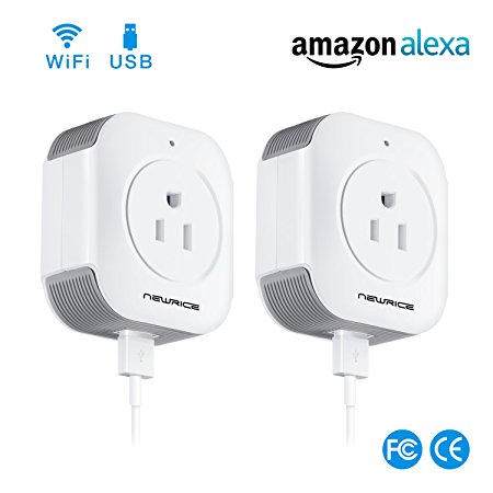 WiFi Smart Plug, NewRice Mini Wireless Smart Socket Outlet Works With Amazon Alexa, USB Port, Timing Function, Remote Control Your Devices Anywhere, Energy Monitoring, No Hub Required (2 Pack)