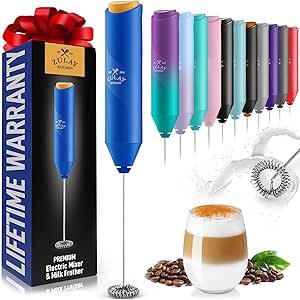 Zulay Kitchen Powerful Milk Frother Wand - Mini Milk Frother Handheld Stainless Steel - Battery Operated Drink Mixer for Coffee, Lattes, Cappuccino, Matcha - Froth Mate Milk Frother Gift - Blue/Gold