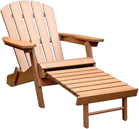 Merry Garden Faux Wood Folding Adirondack Chair with Pullout Ottoman, Outdoor, Garden, Lawn, Deck Chair