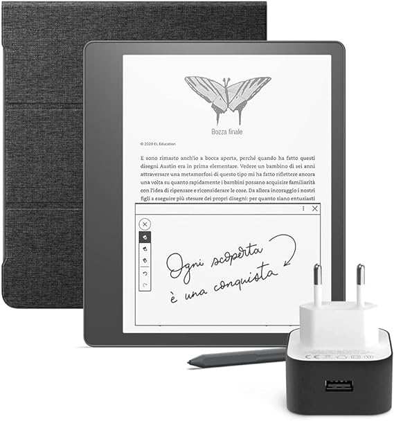 Kindle Essentials Bundle con Kindle Scribe 32 GB (Nero), penna premium, custodia Amazon in tessuto con copertina pieghevole e aggancio magnetico e Caricabatterie USB Amazon PowerFast (9 W)